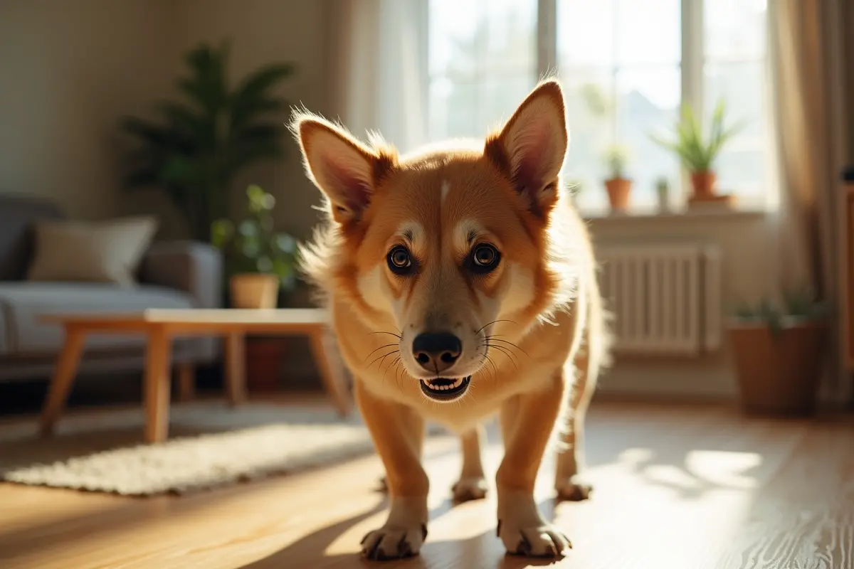 Frantic shaking dog looking anxious in a home setting, illustrating sudden canine tremors and stress behavior.