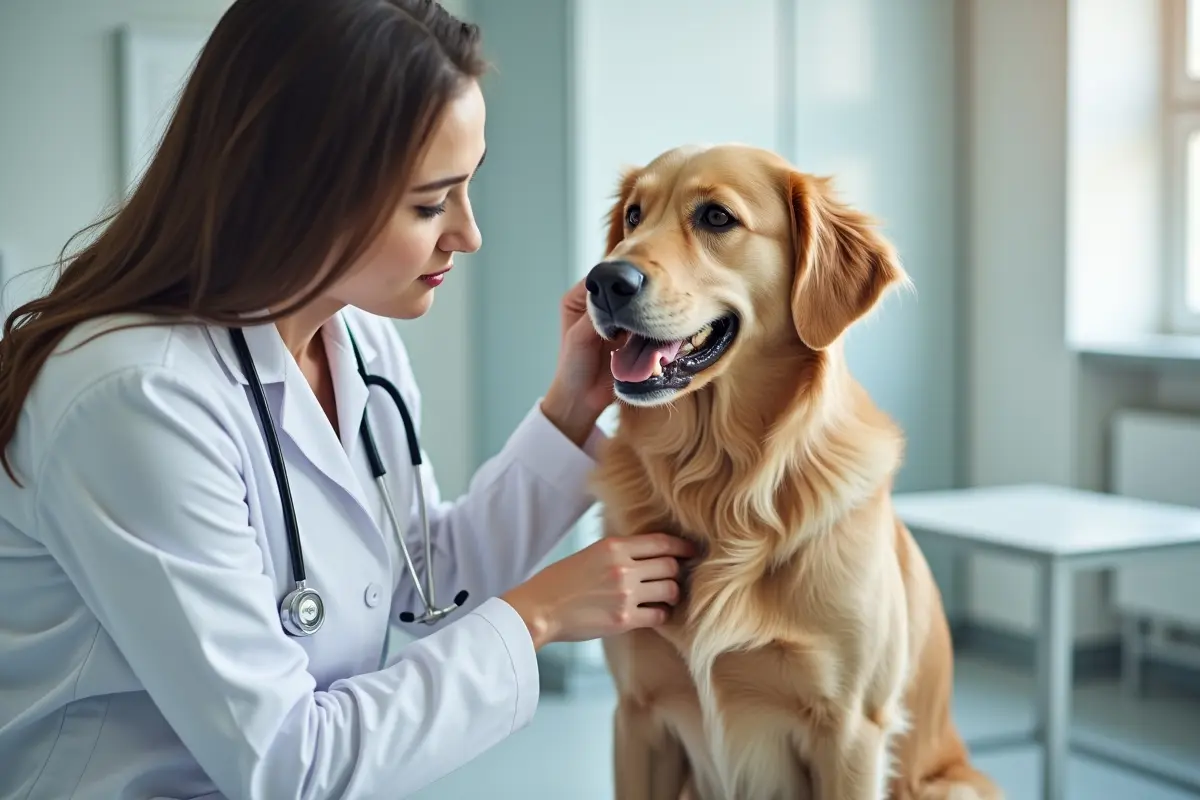 veterinarian performing routine wellness exam on a healthy family dog