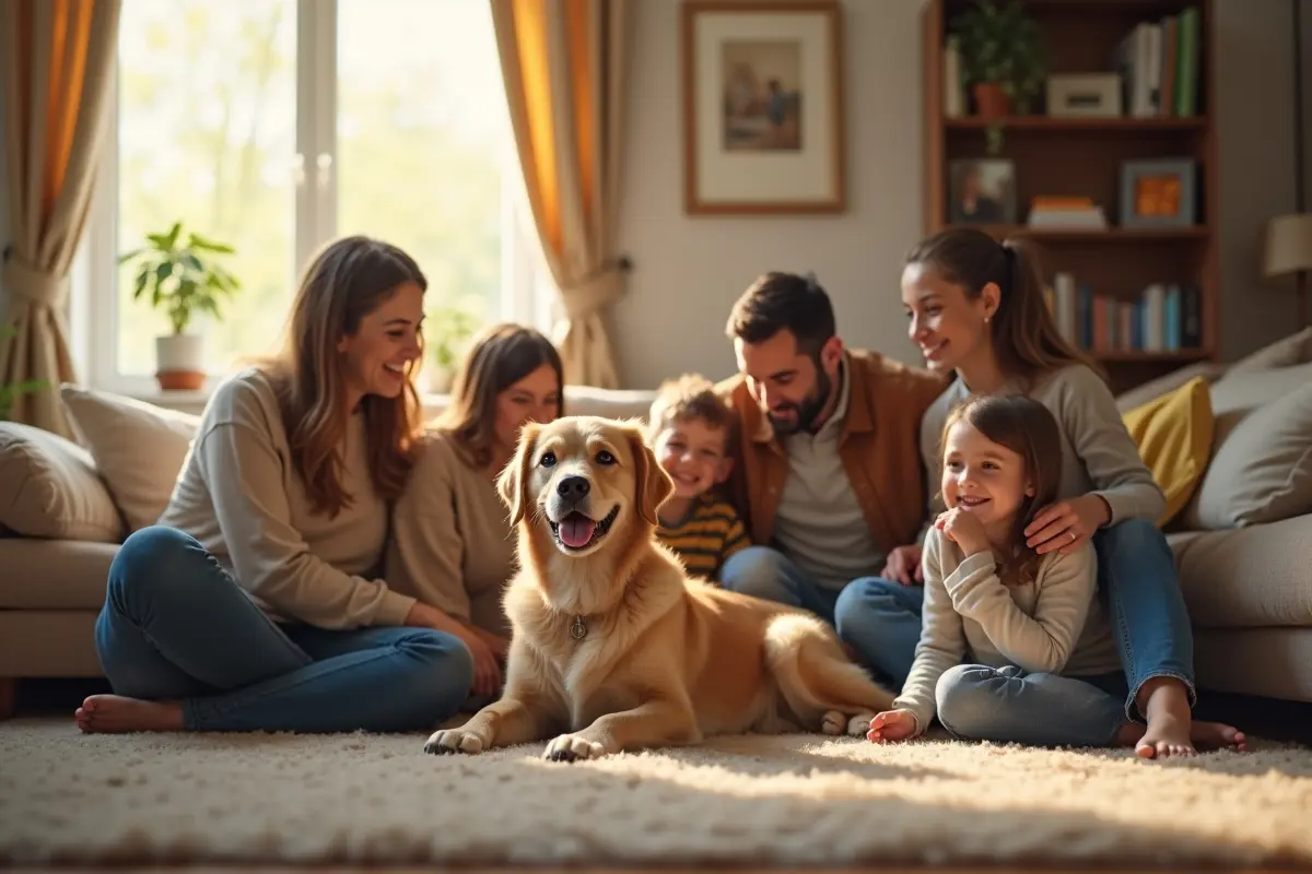dog comfortably adjusting to a new home with loving family support